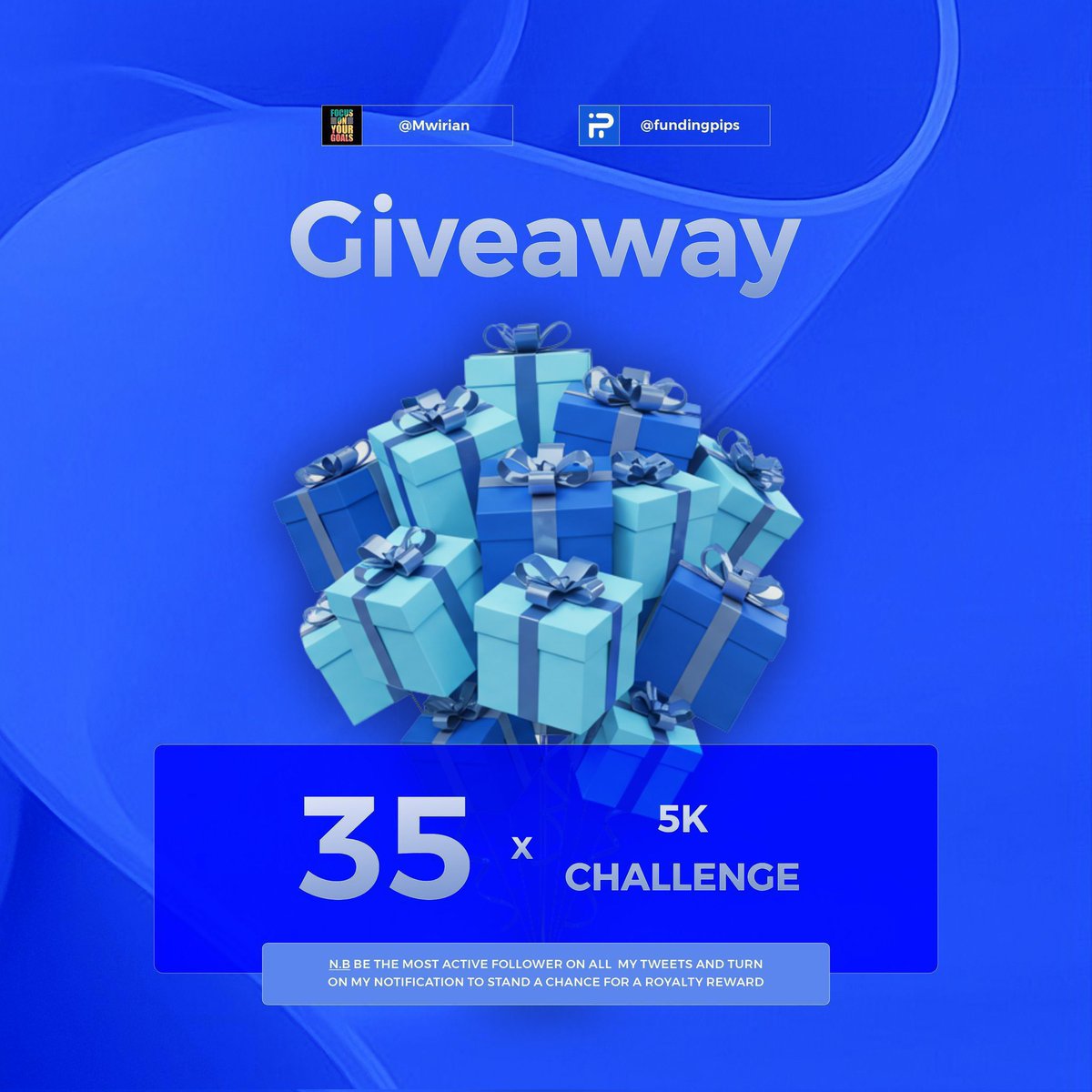 35 5K accounts

1- Follow <a href="/fundingpips/">FundingPips</a> <a href="/fundingticks/">FundingTicks</a> <a href="/Khldfx/">Khaled</a> <a href="/ronna256/">Mwirian</a> and <a href="/tradin/">tradin</a> <a href="/muhammadaminuel/">SA'ADAH FX</a>
2- Like and retweet widely
3- Join discord here discord.gg/fundingpips
4- Turn on my notifications 🔔 

Good luck ❤️