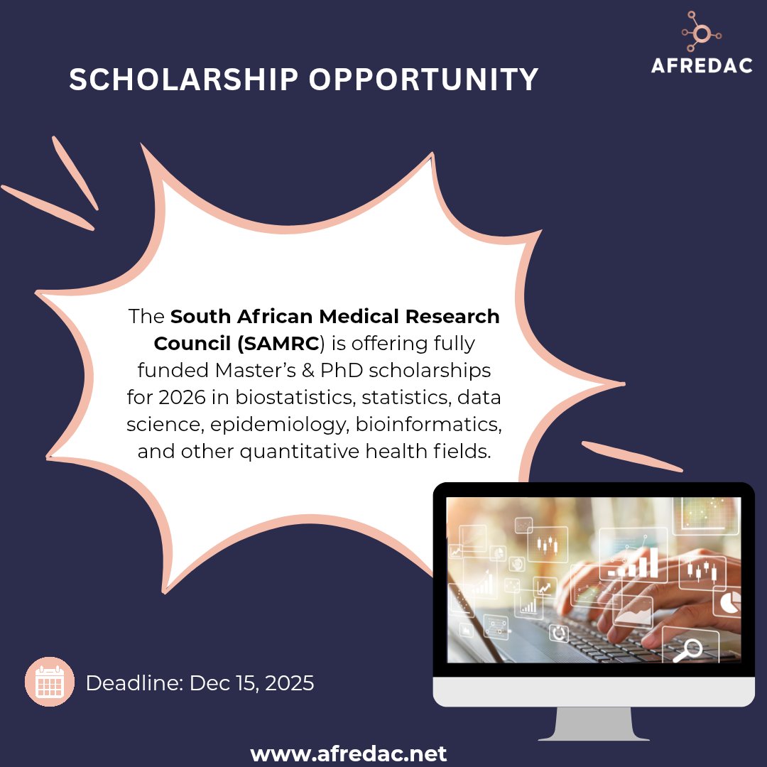 Are you passionate about using data to improve health?

SAMRC offers fully funded Master’s &amp; PhD scholarships in biostatistics to South African citizens or permanent residents.

🔗 Read more and apply for this opportunity here:afredac.net/news-feed

#Afredac #AfredacUbuntu