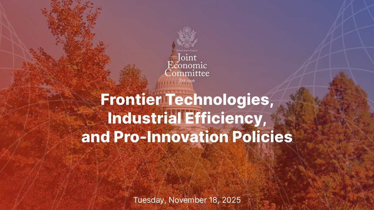 JECRepublicans's tweet image. Tomorrow, JEC will be examining &quot;Frontier Technologies, Industrial Efficiency, and Pro-Innovation Policies.&quot;

Witnesses:
Mr. Will Rinehart @WillRinehart
Mr. Niccolo de Masi @NiccoloDeMasi
Mr. Evan Beard @evanbeard
Ms. Ruth Whittaker @ThirdWayTweet
🔗jec.senate.gov/public/index.c…
