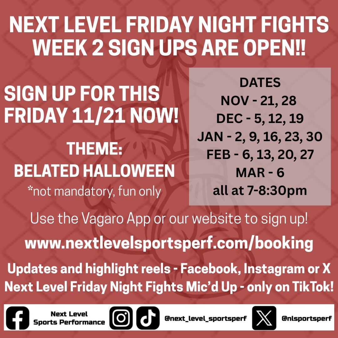 Friday Night Fights - Sign up quick!!🥎🥊
This week’s voluntary theme is belated Halloween!🎃 Bring back out your best costume or Halloween themed shirts! Remember themes are completely optionally, just to add some fun! Make sure you can still hit/pitch!

nextlevelsportsperf.com/booking