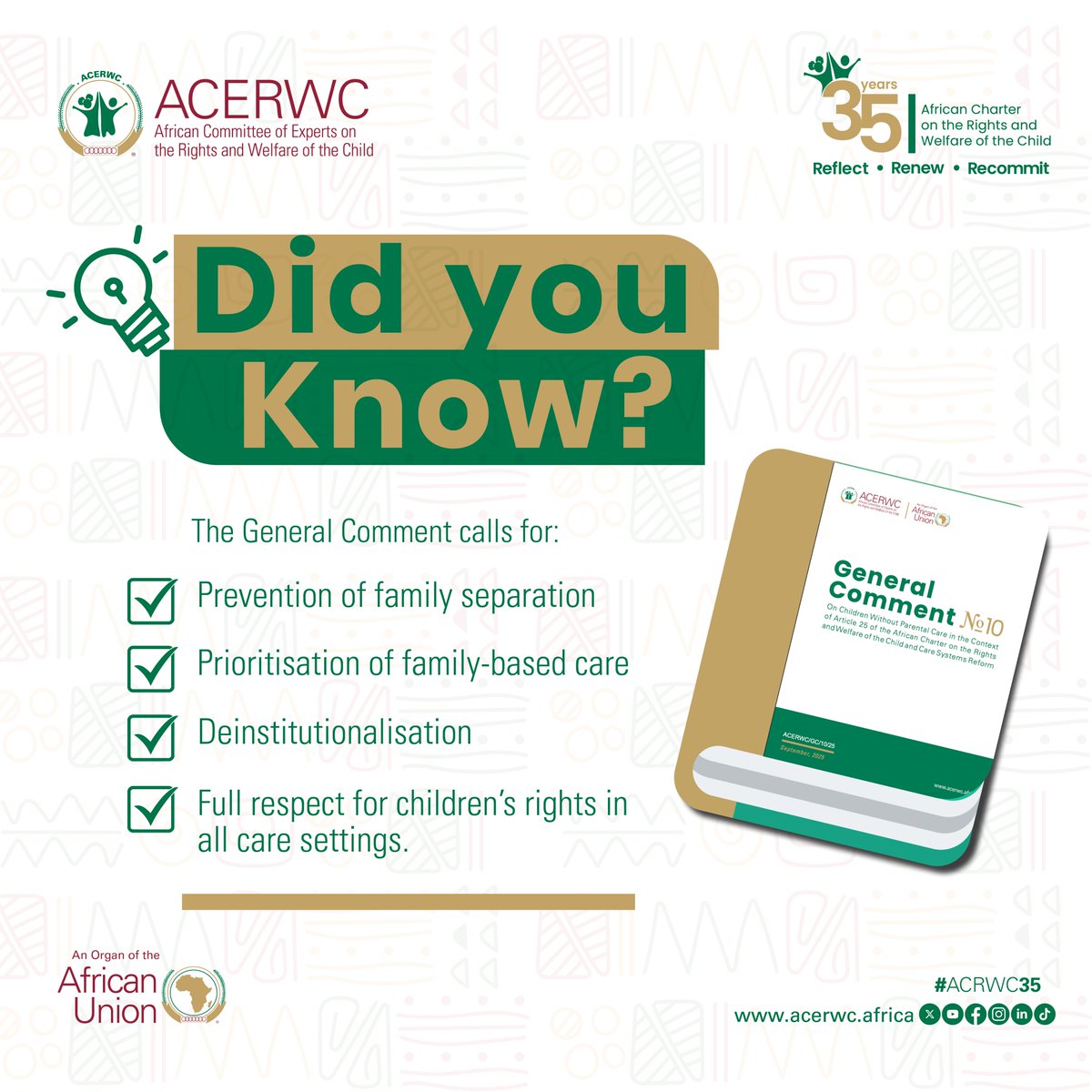 acerwc's tweet image. The ACERWC will launch a General Comment on children without parental care during #ACERWC46 Session.

The GC for:
✅Prevention of family separation
✅Full respect for children’s rights in all care settings.

Find more on 🌐🌐🔗🔗acerwc.africa/en/key-documen…

#ACRWC35