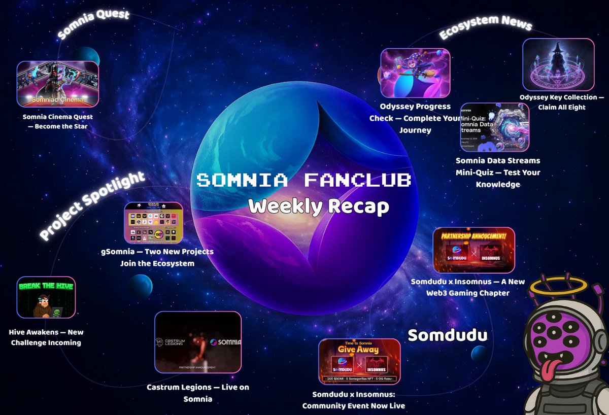 gamingbyhatten's tweet photo. Somnia Weekly Recap: Nov 10 โ Nov 17 ๐
Hey #Dudusquad!!
This week, Somnia continues to grow across every corner of the metaverse - Odyssey progress, Key collections, SDS mini quiz, new project arrivals, the return of Hive and major community activations from Somdudu
A dynamic and expansive week for all Somniacs