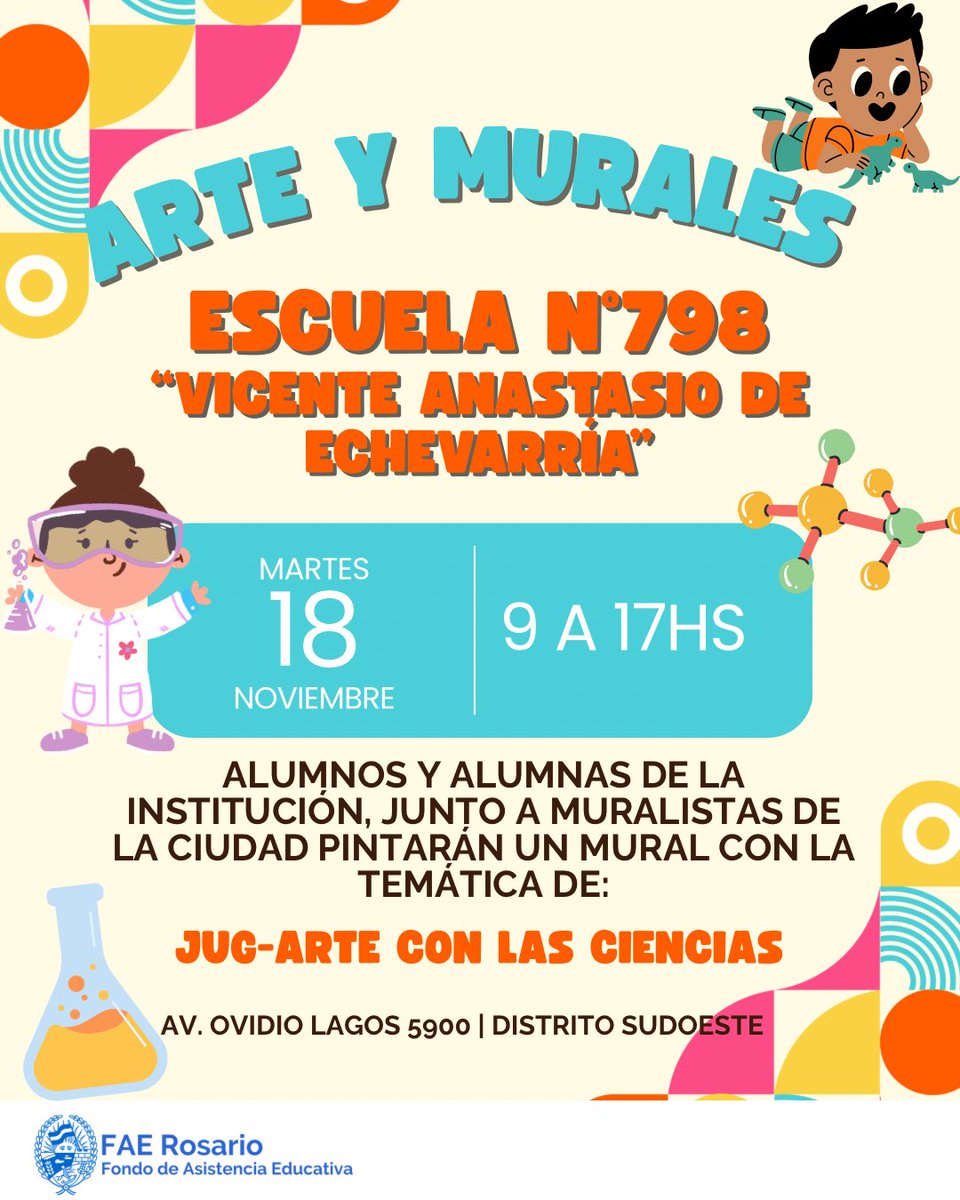 🎨 “Arte y Murales” en la Escuela Nº798 "Vicente Anastasio de Echevarría" #DistritoSudoeste

Mural junto a alumnos y alumnas de la institución  acompañados por muralistas de la ciudad, pintarán un mural con la tematica de “Jug-arte con las ciencias" 🧪🤓