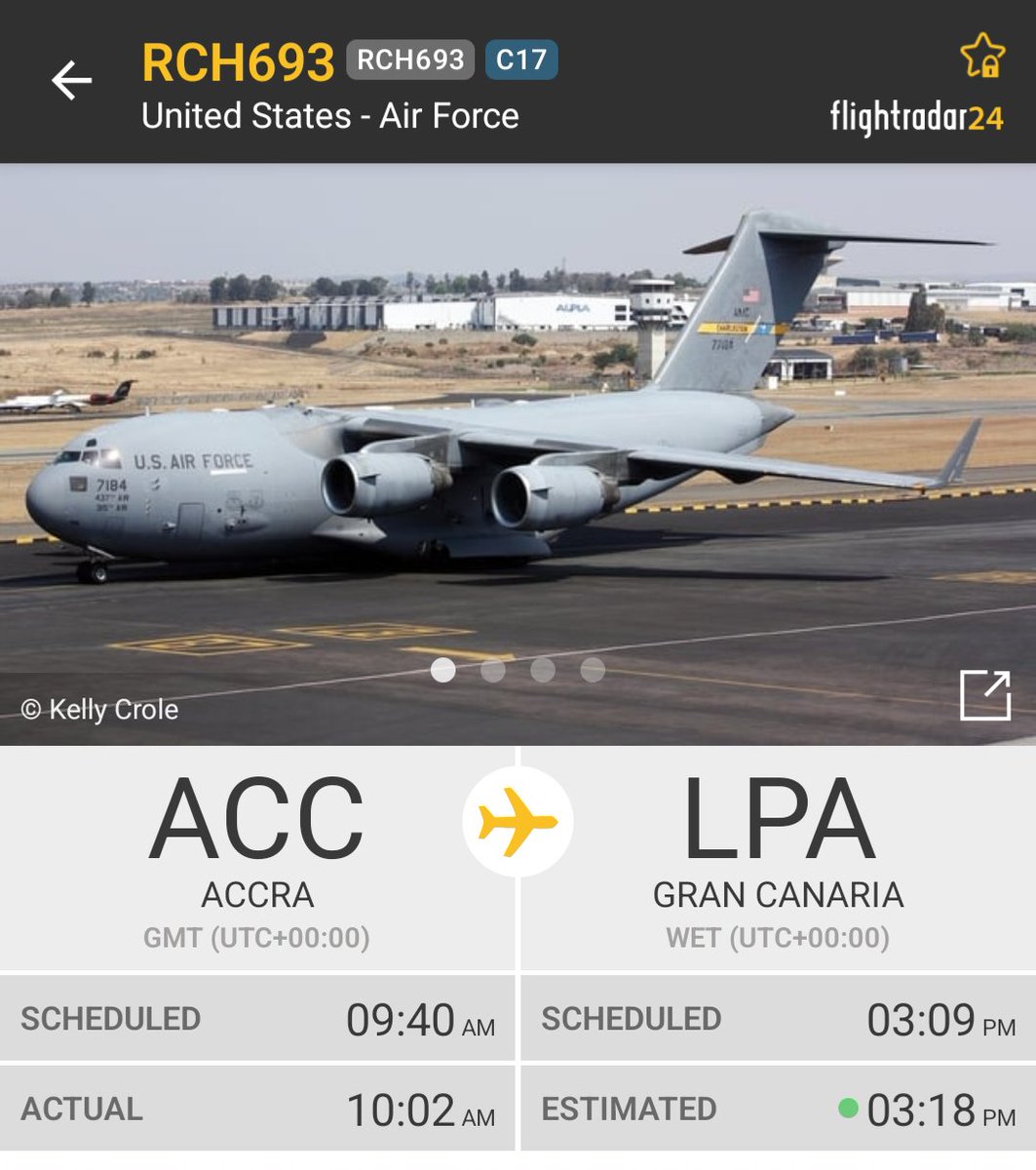 OSINTMilTracker's tweet image. 🇺🇲🇬🇭🇪🇸 #USAF ✈️ Boeing C-17A Globemaster III, RCH693 took off from Accra (#ACC), Ghana en route towards Gran Canaria (#LPA) with the REG 07-7184. 

RCH693 from Accra to Gran Canaria -fr24.com/RCH693/3d23827e