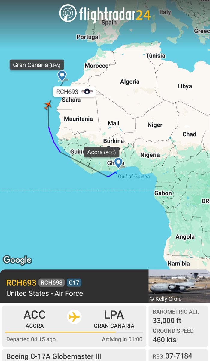 OSINTMilTracker's tweet image. 🇺🇲🇬🇭🇪🇸 #USAF ✈️ Boeing C-17A Globemaster III, RCH693 took off from Accra (#ACC), Ghana en route towards Gran Canaria (#LPA) with the REG 07-7184. 

RCH693 from Accra to Gran Canaria -fr24.com/RCH693/3d23827e