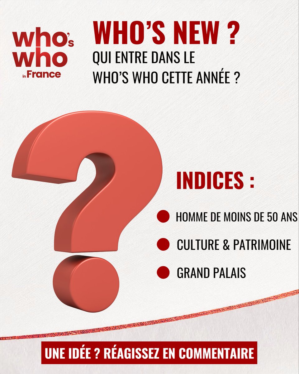 ❓ Who’s New ? Selon nos indices, quel homme de moins de 50 ans entre dans le Who’s Who cette année ? RDV en commentaire pour vos suggestions 

✨ Découvrez les Nouveaux Entrants au WHO'S WHO 2026 dès ce soir