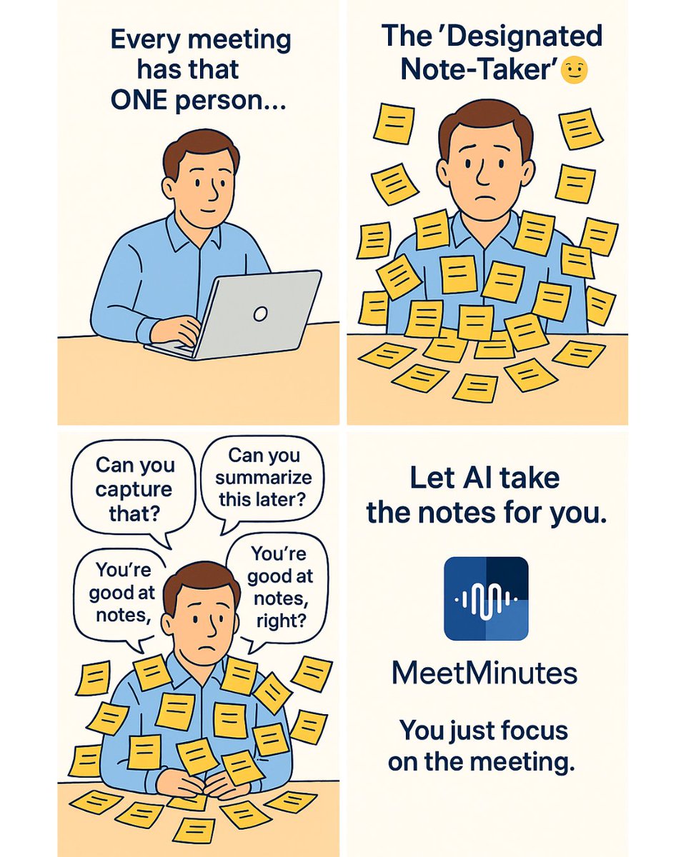 MeetMinutes's tweet image. Always the note-taker?
You deserve a break.
MeetMinutes turns every meeting into a clear, ready-to-share summary — automatically.
You just show up.

👉 Try Meetminutes.in

#ProductivityTools #AIForWork #MeetMinutes #Notetaker #Meetings