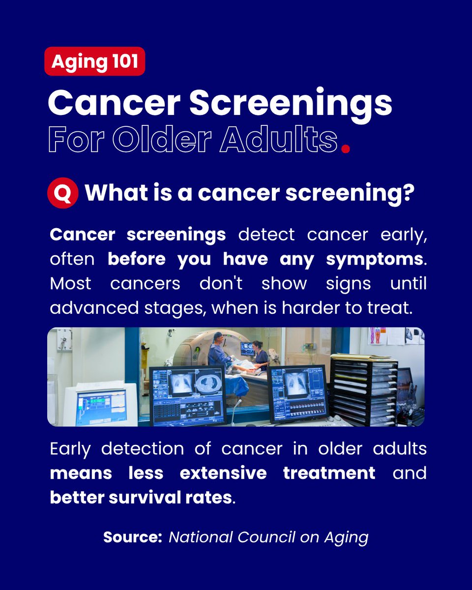 NHCOA's tweet image. #Aging101 | As we grow older, routine #cancer screenings become one of our most powerful tools for maintaining good health. 🏥🩺
Early #detection can mean less complicated treatment, more options, and better results. Read on to learn what you need to know to stay healthy. ⤵️