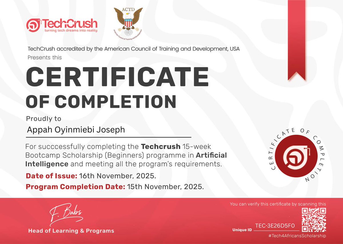 Miebi_Joseph's tweet image. Completed the @TechCrushHQ Artificial Intelligence Cohort,  finishing as the 2nd-best participant in the AI track. 

Super grateful for the experience and the practical projects we built throughout the program.

#AI #TechCrush #MachineLearning #opentowork