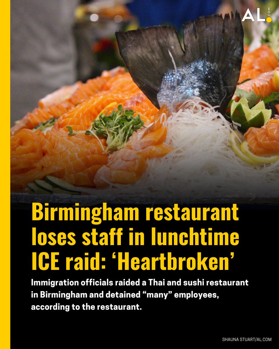 aldotcom's tweet image. 🔗: al.com/news/2025/11/b… 
Immigration officials raided a Thai and sushi restaurant in Birmingham and detained “many” employees, according to the restaurant.