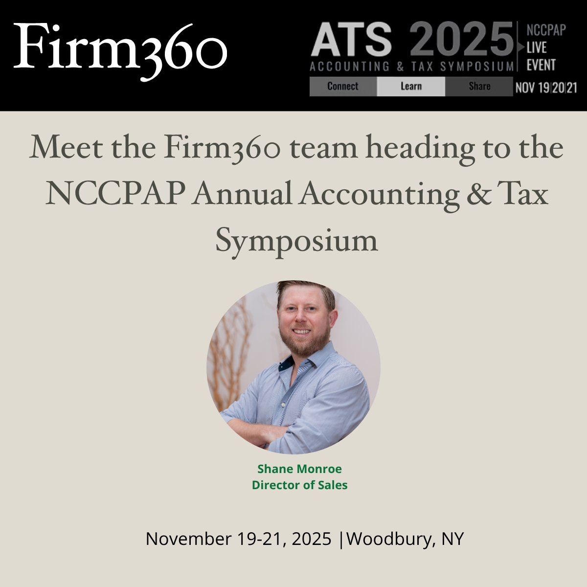 firm360's tweet image. Headed to #ATS2025 this week in Woodbury, NY!

Firm360’s Shane Monroe will be onsite in the Empire Ballroom — ready to talk with firms who are done juggling disconnected tools.

Let’s simplify your workflow.

#Firm360 #AccountingTech #NCCPAP #TaxPros #CPAConference