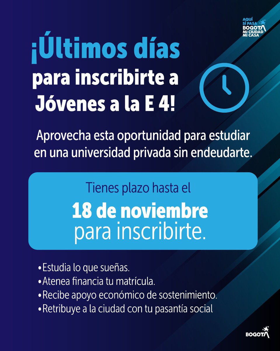Queda un día para inscribirse en la convocatoria de #JóvenesALaE Universidades Privadas y Talentos Excepcionales. 

Son cerca de 4.000 becas para que las y los jóvenes en <a href="/Bogota/">Alcaldía de Bogotá</a> accedan a la educación superior. Convocatoria abierta hasta el 18 de noviembre.

Toda la información