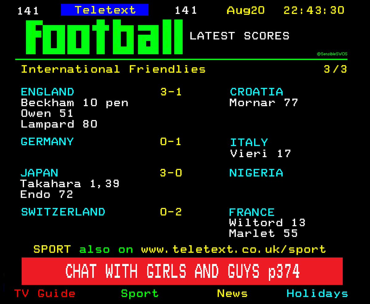 SensibleSWOS's tweet image. International break nostalgia via Teletext.

Thought I&apos;d mix it up a bit and do a Teletext post instead of Ceefax...bloody ads.

#Teletext #ceefax #results #football #England #TV #Beckham #Owen #nostalgia #soccer #nostalgia #ThreeLions