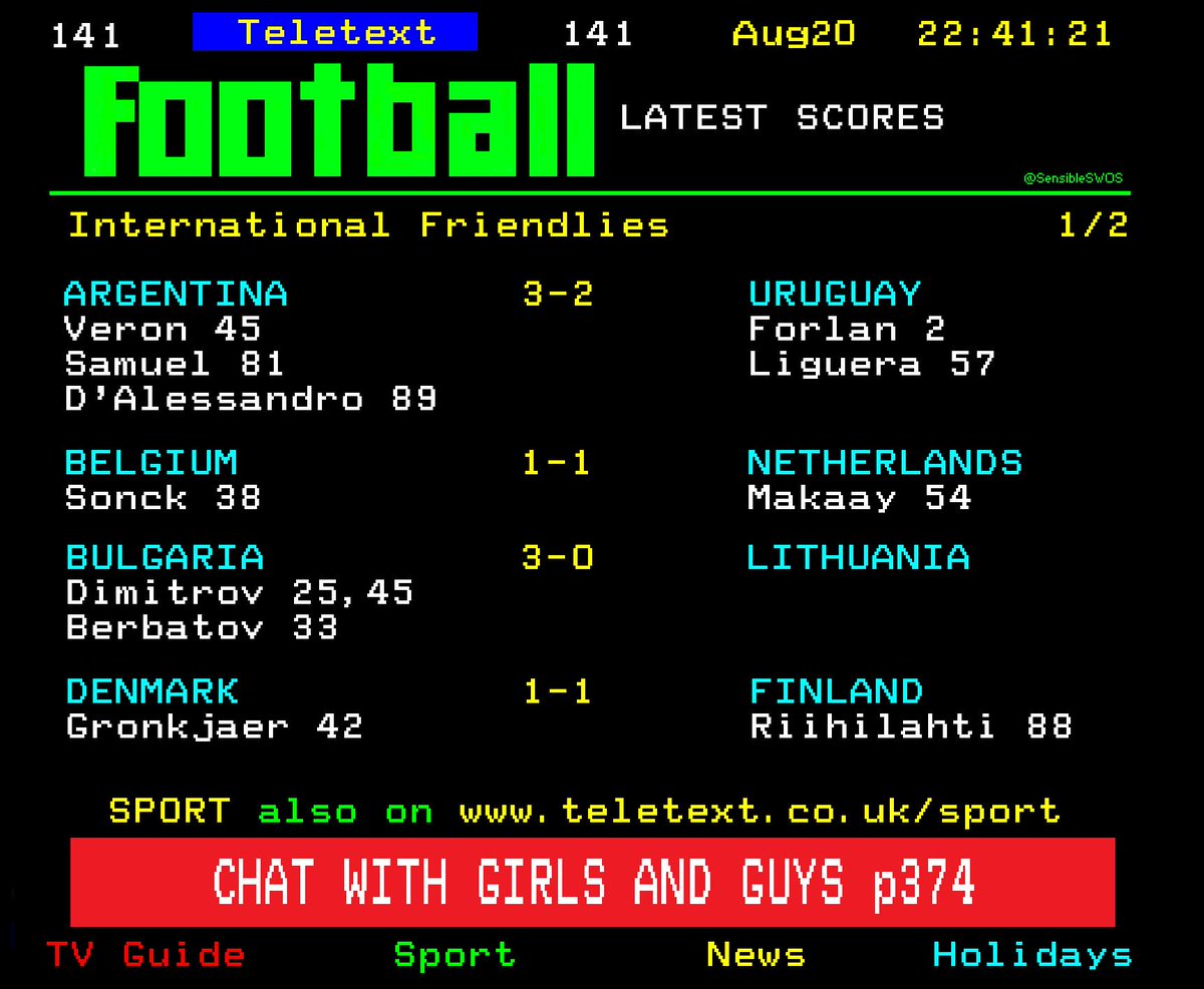 SensibleSWOS's tweet image. International break nostalgia via Teletext.

Thought I&apos;d mix it up a bit and do a Teletext post instead of Ceefax...bloody ads.

#Teletext #ceefax #results #football #England #TV #Beckham #Owen #nostalgia #soccer #nostalgia #ThreeLions