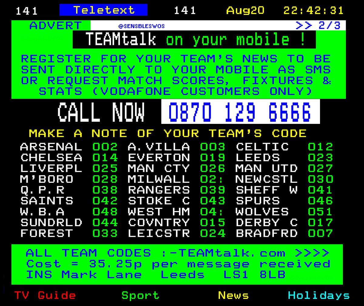SensibleSWOS's tweet image. International break nostalgia via Teletext.

Thought I&apos;d mix it up a bit and do a Teletext post instead of Ceefax...bloody ads.

#Teletext #ceefax #results #football #England #TV #Beckham #Owen #nostalgia #soccer #nostalgia #ThreeLions