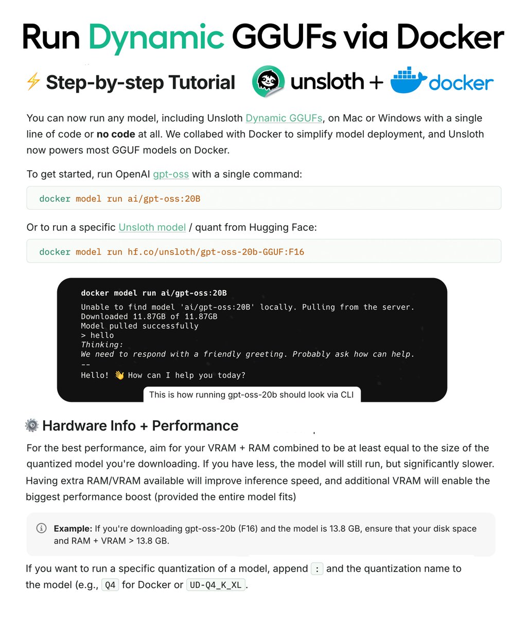 UnslothAI's tweet image. You can now run Unsloth GGUFs locally via Docker!

Run LLMs on Mac or Windows with one line of code or no code at all!

We collabed with Docker to make Dynamic GGUFs available for everyone! Just run:

docker model run ai/gpt-oss:20B

Guide: docs.unsloth.ai/models/how-to-…