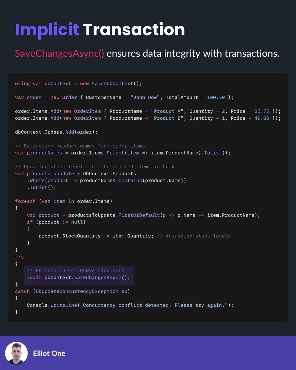 elliot1one's tweet image. Keep your EF Core data safe!

Transactions matter: 

all-or-nothing updates = consistent DB.

1️⃣ Implicit: SaveChanges() auto-transaction
2️⃣ Explicit: BeginTransaction()…Commit()/Rollback() 

💡 Use explicit transactions for complex workflows.

#dotnet #efcore #database