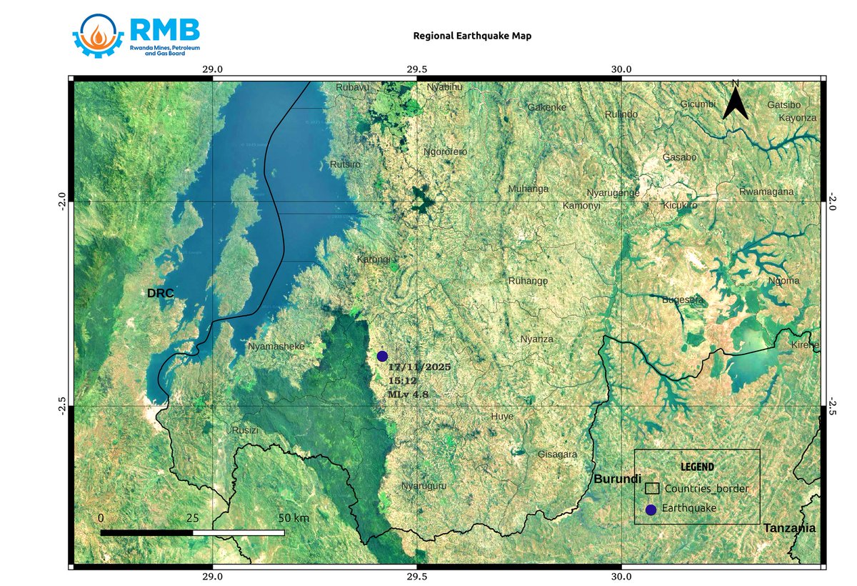 Today, 17 November 2025, at 15:12, a 4.8-magnitude earthquake (Richter scale) was felt in Nyamagabe District, Gatare Sector. The tremor may cause minor effects such as rattling windows, shaking furniture, or slight cracking in poorly constructed buildings.