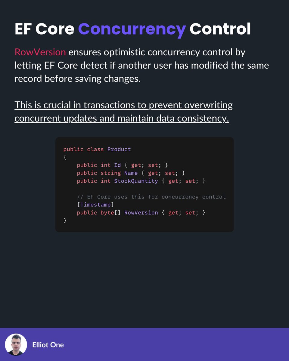 elliot1one's tweet image. Keep your EF Core data safe!

Transactions matter: 

all-or-nothing updates = consistent DB.

1️⃣ Implicit: SaveChanges() auto-transaction
2️⃣ Explicit: BeginTransaction()…Commit()/Rollback() 

💡 Use explicit transactions for complex workflows.

#dotnet #efcore #database