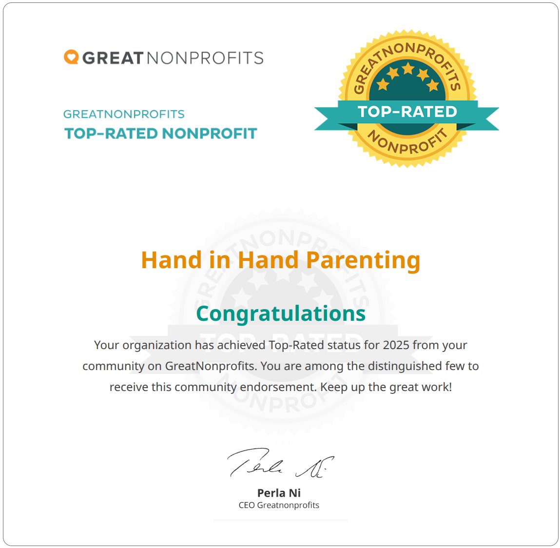 ListenToKids's tweet photo. 🎉 We’re on the 2025 Top-Rated List from @GreatNonprofits! 

💛 Thank you to the amazing parents, caregivers, and professionals sharing how connection transforms lives.

#greatnonprofits #handinhand #parenting https://t.co/rCSZah5MSn