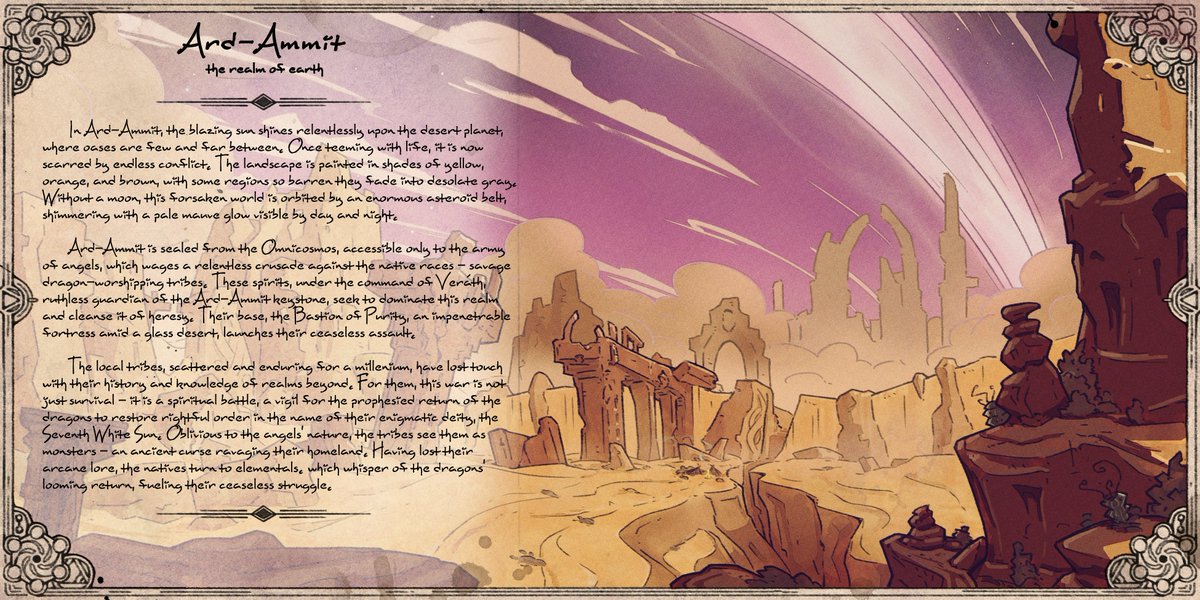 Ard-Ammit, the realm of earth, was once a vibrant jungle world, but is now a ruinous wasteland, torn by endless struggle between its mortals and invading spirits.

#fantasy #worldbuilding #art