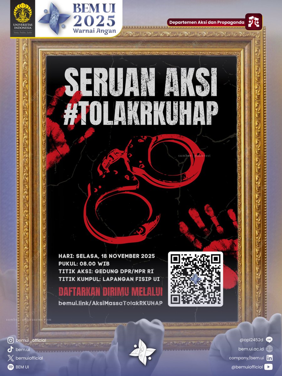 SERUAN AKSI MASSA #TOLAKRKUHAP

Halo, UI dan Indonesia!

Rancangan Undang-Undang Hukum Acara Pidana (RUU KUHAP) akan segera disahkan oleh Komisi III DPR RI dan Pemerintah.