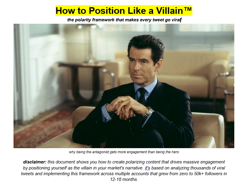 fromzerotomill's tweet image. the most dangerous growth playbook i ever built:

how to position like a villain and print engagement on command

the framework that forces people to pick a side and makes your tweets impossible to ignore

i broke down the whole polarity system into a simple step by step

like,…