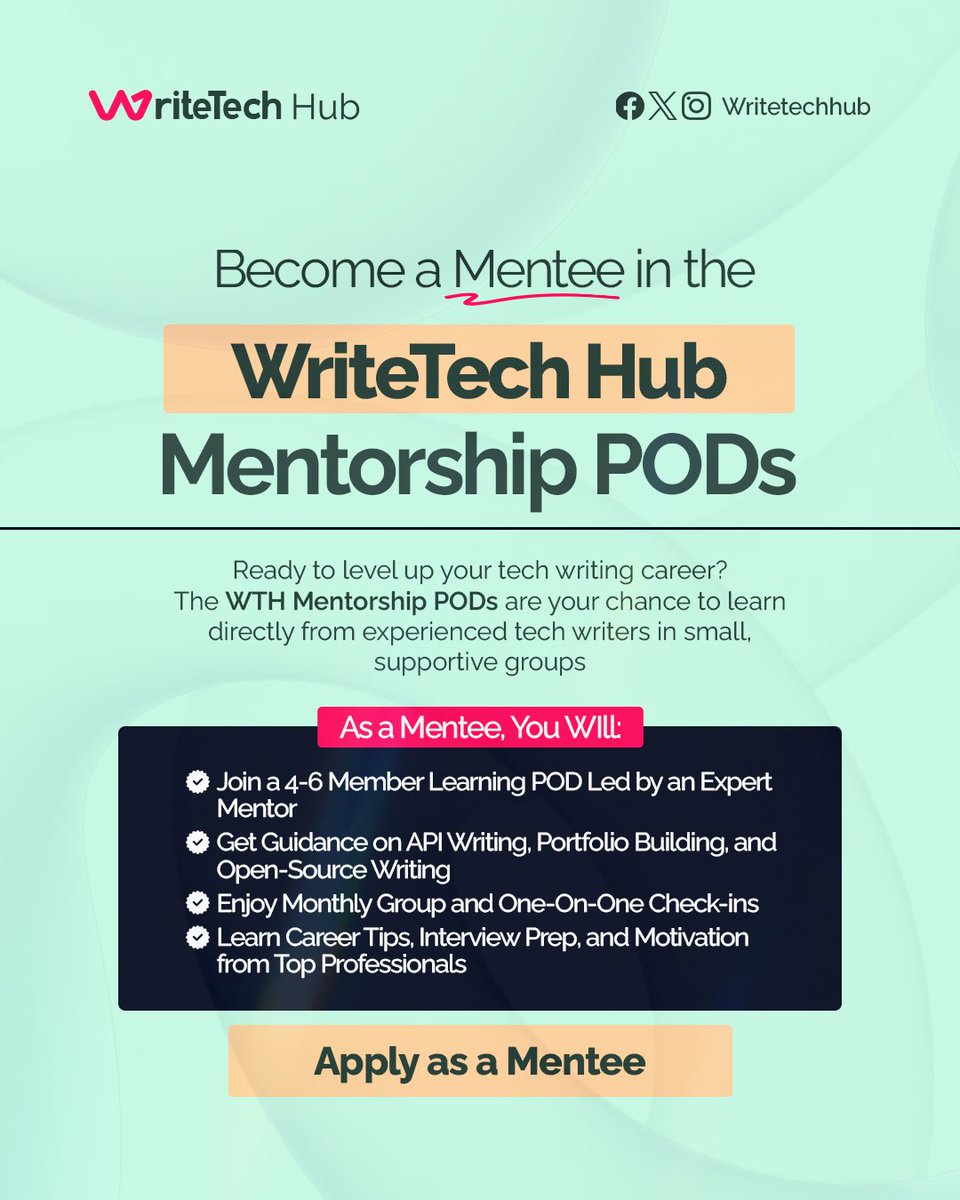 WriteTechHub's tweet image. Announcement 🥳

Here, you get to connect with other mentees, set friendly rivals to push you further, and learn directly from experience mentors who’ve been there.

To apply to be a mentee, you’ll need to be a member of our community.

Join &amp;amp; apply here: writetechhub.org/our-community