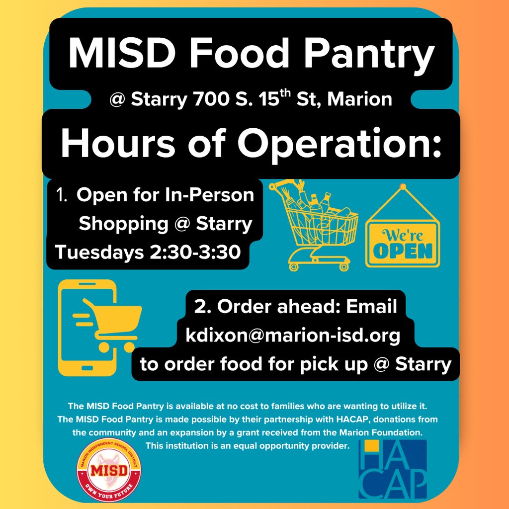 The MISD Food Pantry is available at no cost to families and is located at the Starry building. Families are welcome to shop in person on Tuesdays from 2:30 to 3:30pm. 🛒

You can also email kdixon@marion-isd.org to place an order ahead of time.

#MISDInspire #MISDOwnYourFuture