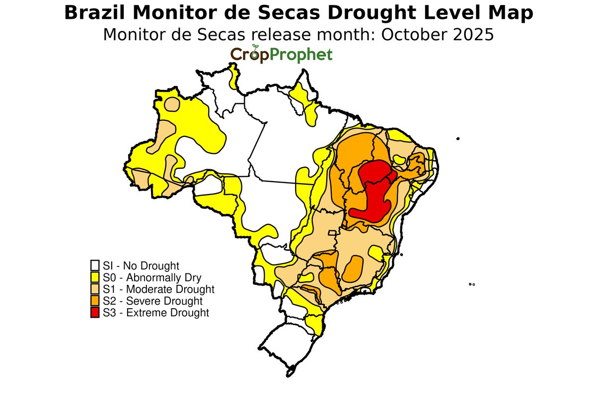 How have the Monitor de Secas classifications evolved from September to the October release? There has been an expansion of drought conditions in eastern and southeastern Brazil since the September release.

#oatt #AgWx #AgWeather #Brazil #Drought