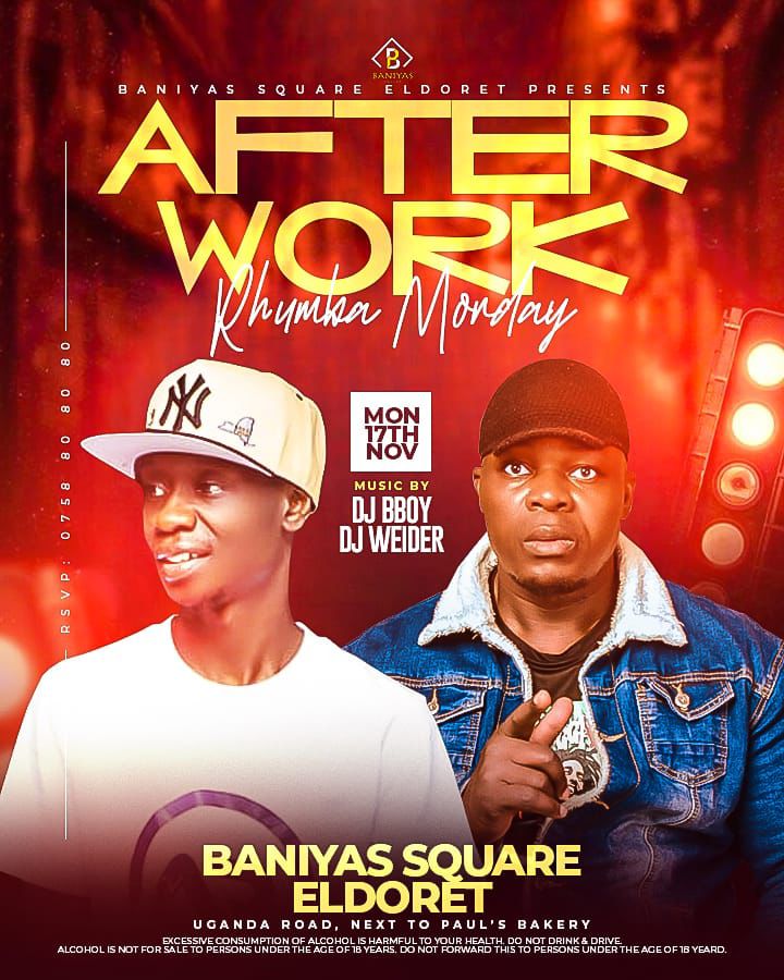 baniyassquare's tweet image. Mondays don’t have to be boring — come unwind after work with smooth Rhumba vibes, good energy, and the best crowd in town!
DJ Bboy &amp;amp; DJ Weider are in charge of the music, bringing that clean, feel-good Monday mood.

#BaniyasSquareEldoret #RhumbaMonday #AfterWorkVibes