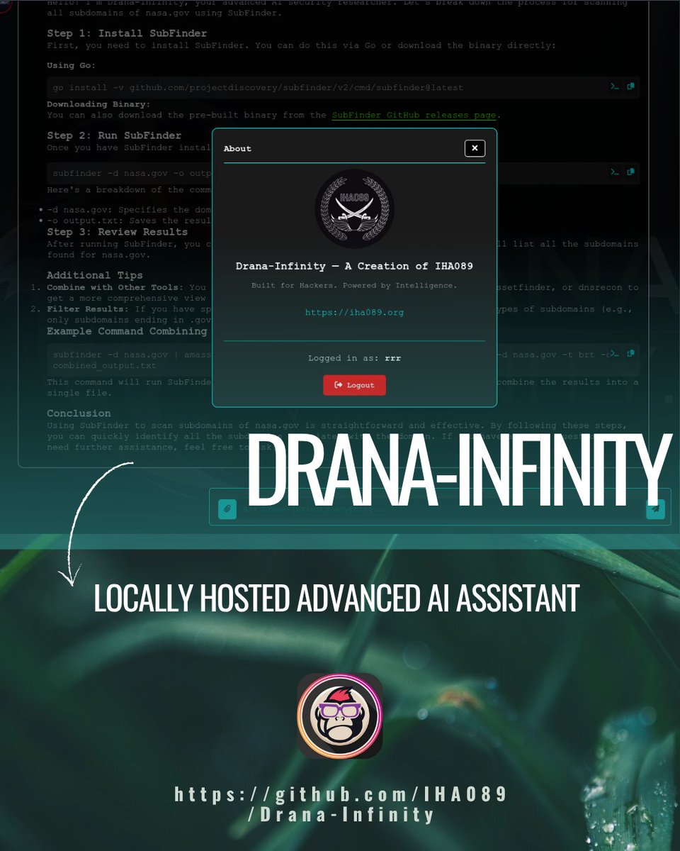 EsGeeks's tweet image. ¿Usas IA para hacking? No envíes datos sensibles a la nube. Drana-Infinity es tu asistente AI 100% offline para pentesting y bug bounty, dándote control total y cero fugas de información. ¡Pruébalo!

🔒🤖 [#DranaInfinity #HackingEtico #AI #Ciberseguridad]