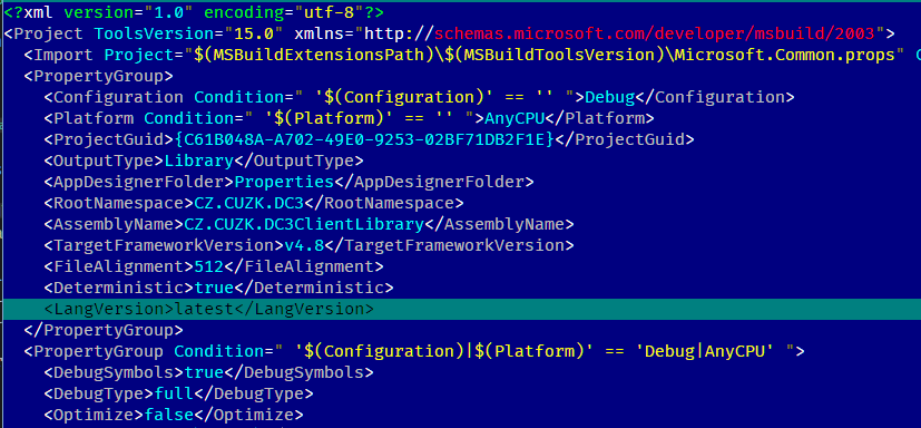 KamilZm's tweet image. Tip pro Visual Studio
Pokud máte ještě projekty v .NET Frameworku 4.x a chcete používat poslední verzi C#, přidejte si do csproj:
&amp;lt;LangVersion&amp;gt;latest&amp;lt;/LangVersion&amp;gt; 
(pozor, latest malými)