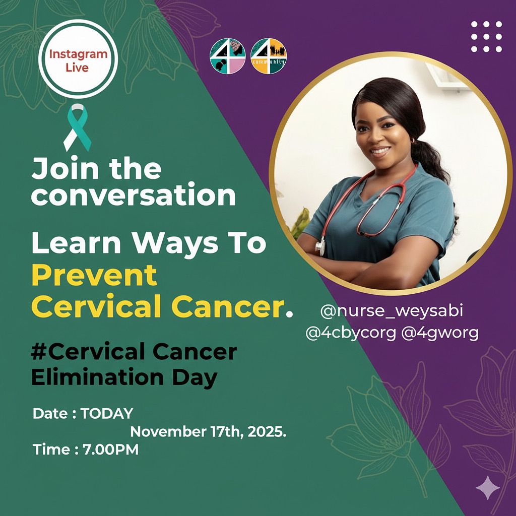 Join us today by 7 pm (Nig time) on Instagram Live with @nurse_weysabi to learn about the prevention of cervical cancer to celebrate the World Cervical Cancer Elimination Day.
Turn on your notification 
Link to IG page: instagram.com/nurse_weysabi?…