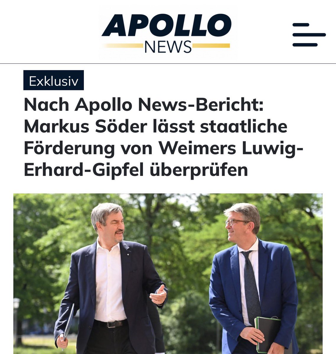 🔴 Spektakuläres Statement aus der bayerischen Staatskanzlei. Söder hat eine Überprüfung der staatlichen Finanzierung von Weimers Ludwig-Erhard-Gipfels eingeleitet und nimmt explizit Bezug auf unseren Bericht: 

„Die Staatsregierung hat eine interne Complianceprüfung zum