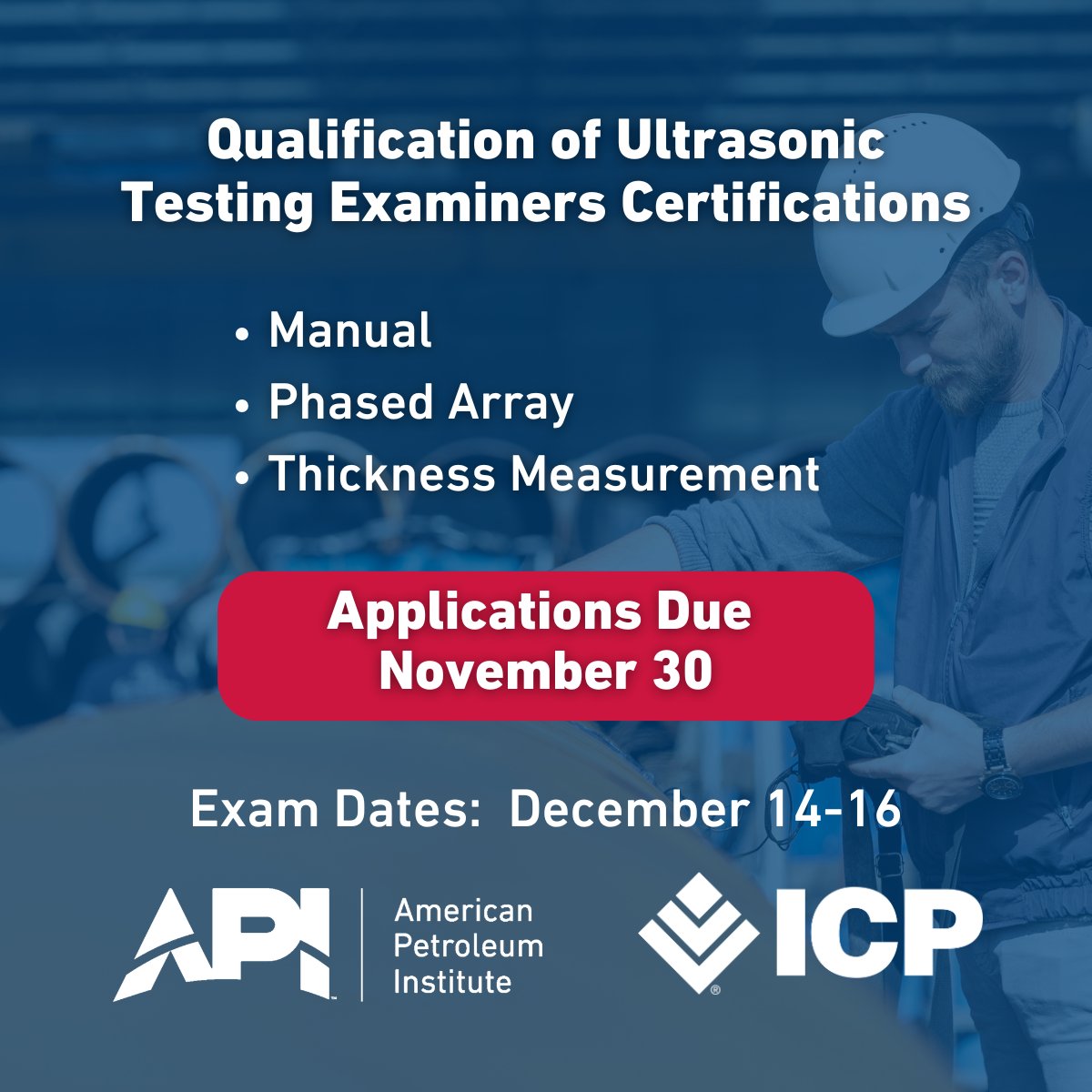 APIGlobal's tweet image. Source Inspector certification exams from API&apos;s Individual Certification Programs (ICP) are developed in cooperation with industry experts to qualify individuals who perform supplier quality surveillance. 

Looking to advance your career?

Apply today!

hubs.la/Q03SNLxY0