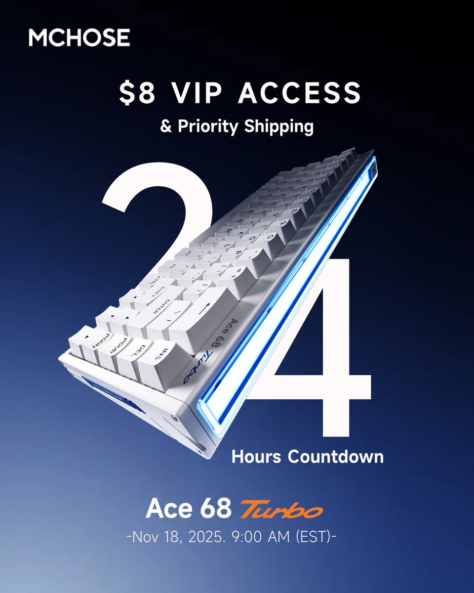 🚨Your VIP Invitation Expires in 24 Hours. Grab your $8 VIP entry for the MCHOSE Ace 68 Turbo full-aluminum HE keeb. ⌨️ 

Unlock the full bundle: 
1️⃣ VIP price from $79 
2️⃣First-wave December shipping
3️⃣Special MCHOSE mystery merch in every VIP order 
🔗 mchose.store/products/mchos…