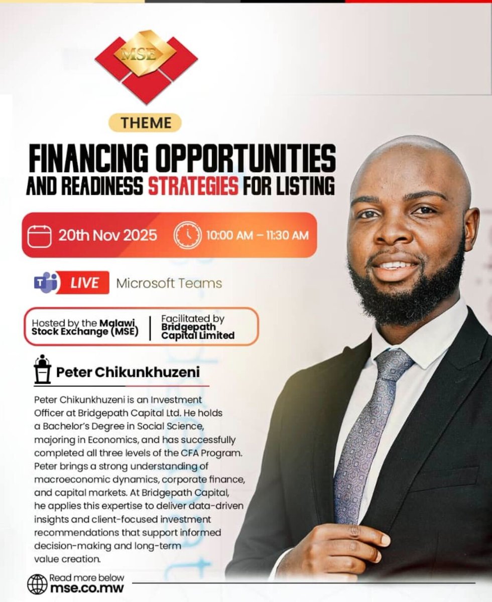 BridgepathCap's tweet image. Join us on 20th November as Peter Precious Chikunkhuzeni, our Investments Officer, facilitates an insightful discussion on &quot;Financing Opportunities and Readiness Strategies for Listing&quot;
Register now to secure your spot 👇
lnkd.in/dpUxRch6 
#InvestmentsInsights
