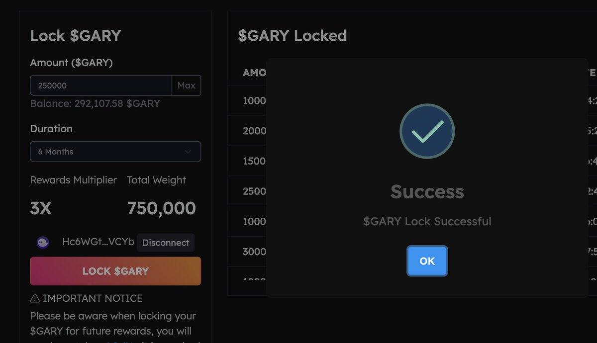 GaryLHenderson's tweet image. Lock your $GARY

Just locked 250k $GARY for 6 months