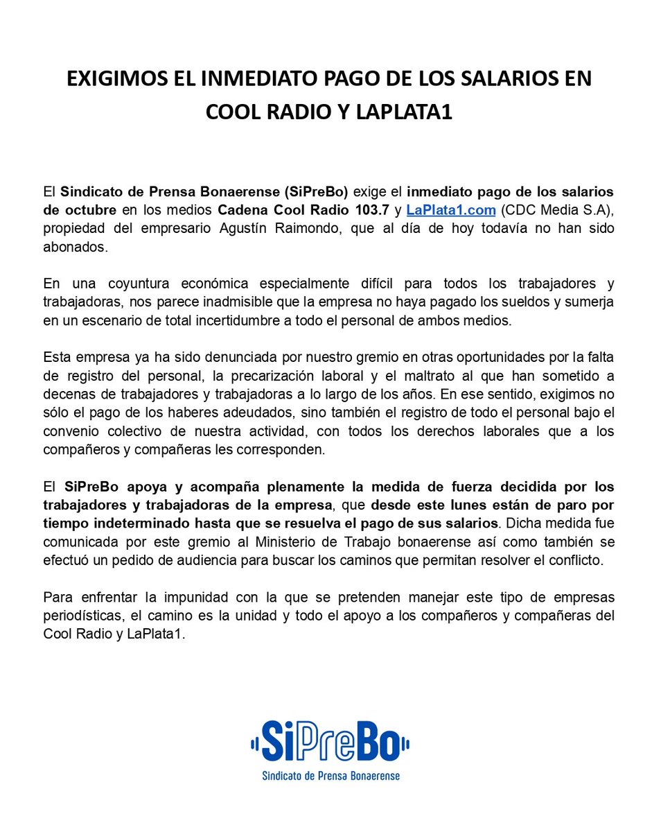 ¡Exigimos el inmediato pago de los salarios en <a href="/coolradio/">♬ Cool Radio ♬</a> y <a href="/laplatauno/">LAPLATA1.com</a>! 

Todo el apoyo a los compañeros y compañeras que desde hoy se encuentran de paro hasta que paguen los sueldos de octubre, todavía adeudados por la empresa.