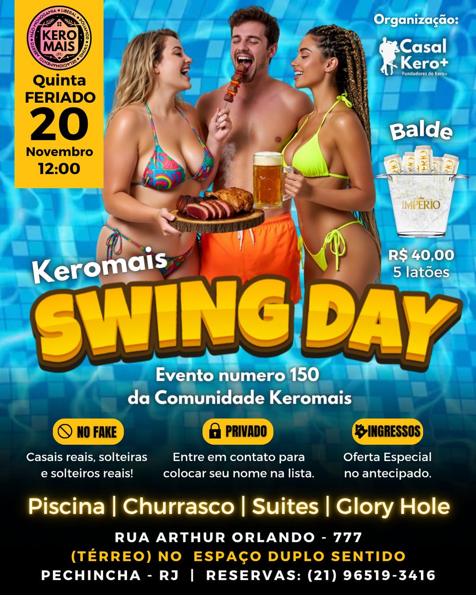 Vai ter #poolparty com casais , solteiras e solteiros #swingers . Para mais informações e colocar seu nome na lista acesse: keromaiseventos.strikingly.com

#casalliberal #baladaliberal #festaliberal #casalsafado #naomonogamia #menageatrois #suruba #surubao #single #solteira #solteiro