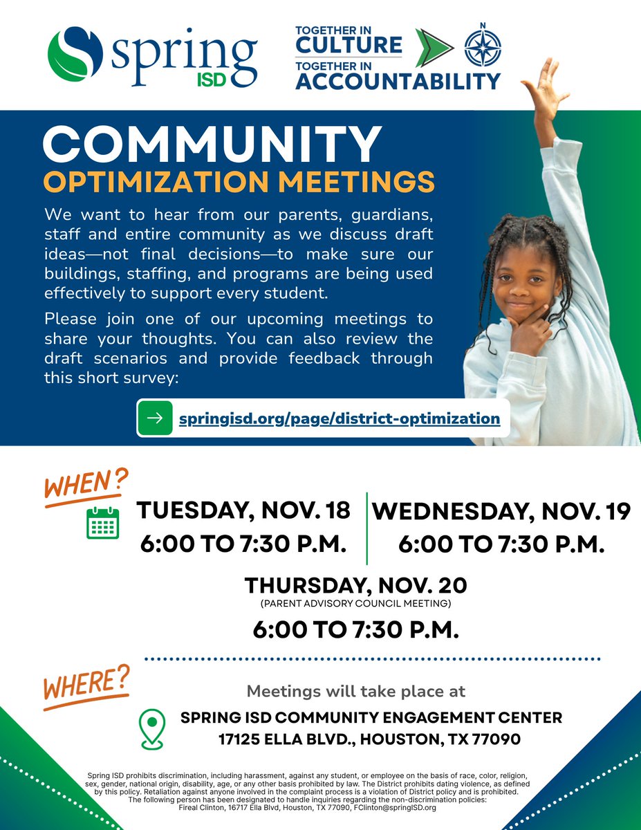SpringISD's tweet image. Happening tomorrow!

Review survey + meeting themes
Revise scenarios
Share recommendations with the community
Meetings: Nov. 18–19, 6–7:30 p.m.
Details: springisd.org/page/district-… • Survey: bit.ly/SpringOptimiza…
@SISD_CoA #SpringISD #YourVoiceMatters