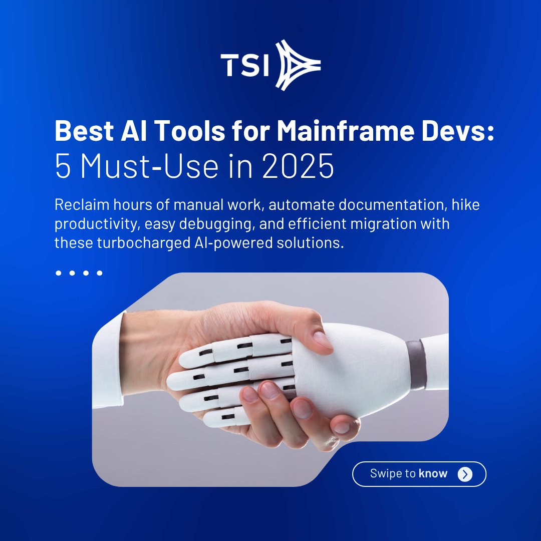 TPFSoftware's tweet image. Antiquated #Mainframes are evolving with AI-powered tools so that #Developers can modernize, refactor, and automate efficiently and effortlessly. (1/2)

5 AI tools are making mainframes smarter, faster, and more reliable.

#AI #TPFSoftware #TSI #DevTools #MoveForwardTogether