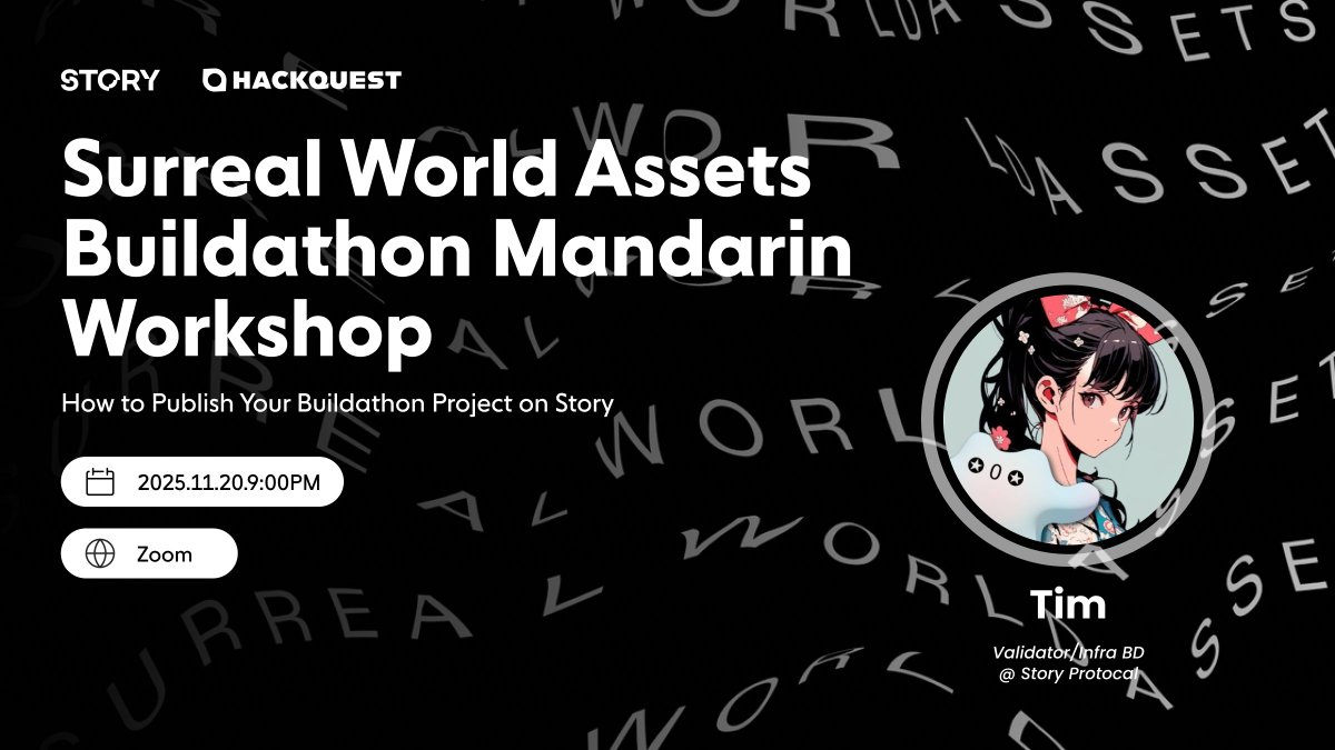 HackQuest_'s tweet image. Join us at our Surreal World Assets Buildathon Mandarin Workshop!

Learn how to publish your project with:
▪️ Project setup on @StoryProtocol
▪️ IP &amp;amp; metadata configuration
▪️ Ownership verification
▪️ Demo Day prep

🗓 Nov 20, 9–10 PM UTC+8
Sign up 👇
luma.com/gk6q14uk