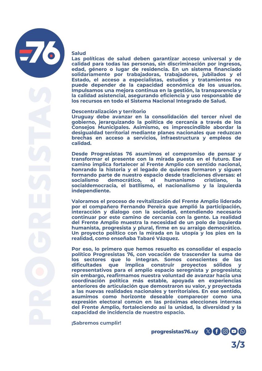 Reunido su encuentro nacional, Progresistas 76 declara: