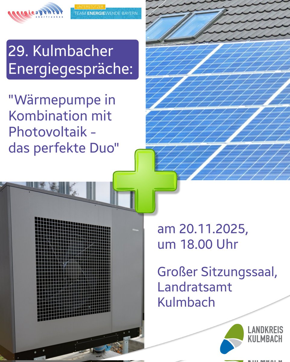 Energieberater Johannes Schneider von der Energieagentur erklärt praxisnah, wann sich die Kombination lohnt, welche Voraussetzungen nötig sind und was das neue Solarspitzengesetz für Eigenheimbesitzer bedeutet.
Anmeldung: petri.kerstin@landkreis-kulmbach.de
📞 09221 / 707-164