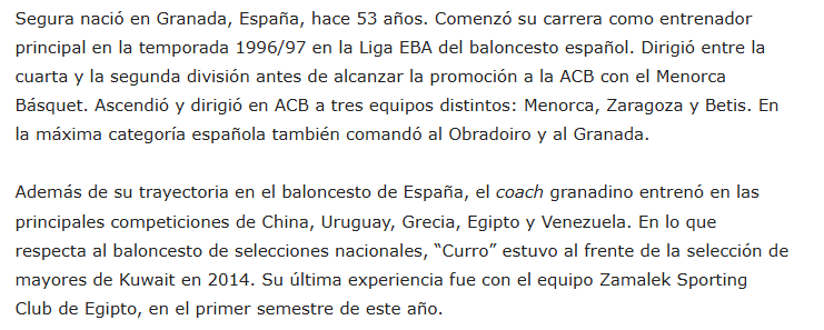 Según comunicado de la Federación Venezolana de Baloncesto, Segura tiene amplia experiencia en el baloncesto FIBA dirigiendo en diversas ligas del mundo.