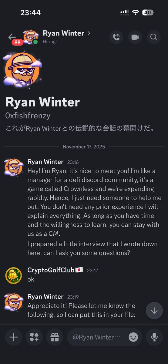 KazMac_chiliz's tweet image. あるプロジェクトの手伝いで週給850$の提案からから始まりディスコードに誘導されアプリ登録を勧められます。

普段大量に詐欺DMが来ますがちょっとテイストが違うのでかなり危険です⚠️

@crownlessgame 
このプロジェクト関連は注意しましょう🚨
(多分プロジェクトは使い捨ての入れ替えと予想)