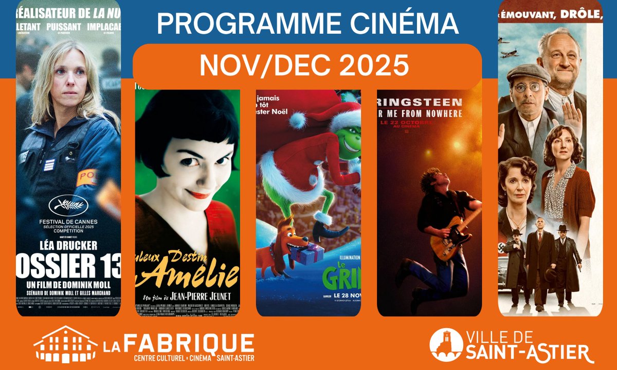 Retrouvez le programme cinéma🎬novembre/décembre 2025 de votre cinéma La Fabrique Saint-Astier en version papier à l’accueil du cinéma, de la mairie et dans les commerces du secteur et en version numérique : mairie-saint-astier.fr/wp-content/upl…