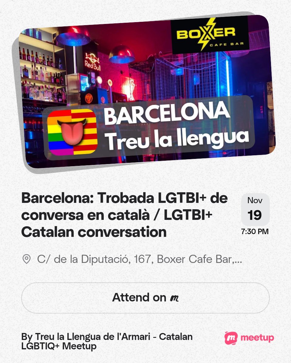 🎵🗣 Vespreig Musical setmanal a Barcelona:
• 🎶 2 hores de música en català
• 🗣 2 hores de conversa en català
🌎 Som únics al món mundial! 😏
🔗 Agenda: Meetup.com/treu-la-llengua